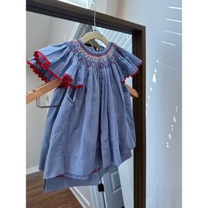 remember nguyen Blue Gingham Lemon Smocked Flutter Sleeve Set Red Ric-Rac 2T